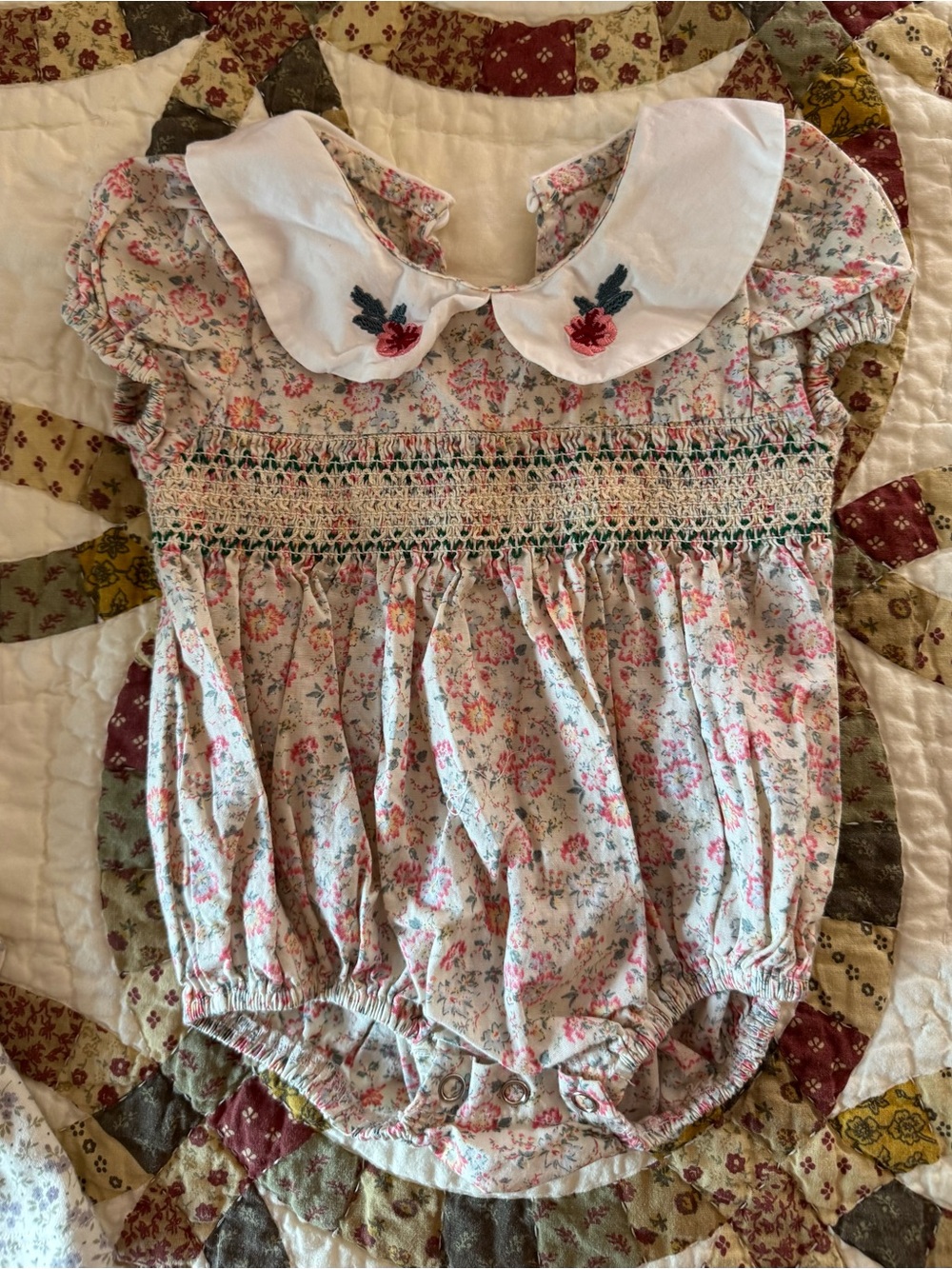 Floral Smocked Bubble Romper with Embroidered Peter Pan Collar